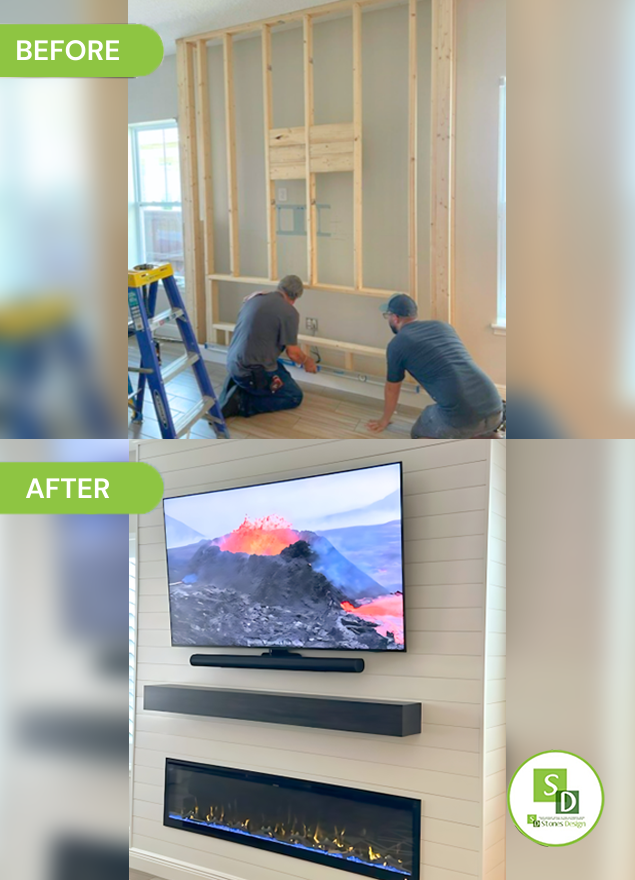 Custom Shiplap Media Wall with Integrated Electric Fireplace