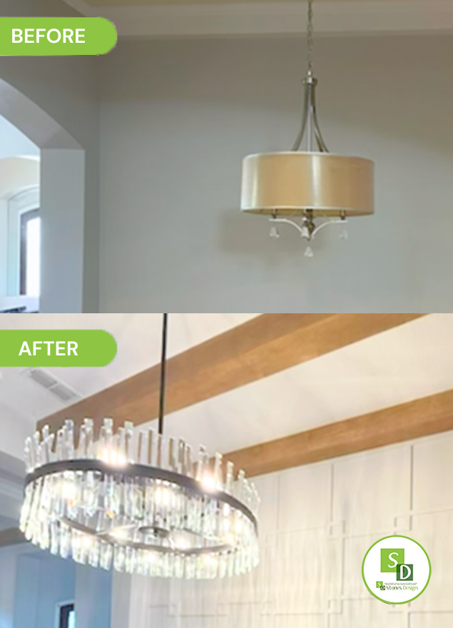 Custom Geometric Accent Wall & Exposed Wood Beam Ceiling Design 