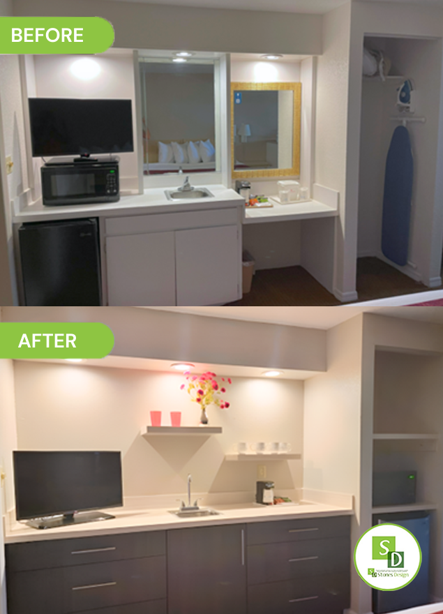 Boutique Hotel Room Renovation | Modern Kitchenette & Built-In Cabinetry Upgrade