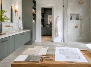 Renovation interior designers reviewing a Florida home redesign plan — kitchen layout, material samples, and finish schedule by Stones Design LLC.