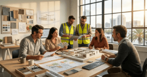 Orlando architectural firm blueprint and interior design plan on a desk at Stones Design LLC consultation in Central Florida